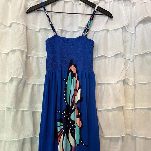 India Boutique Blue Polyester Smock Butterfly Dress w/ Adjustable Straps - Picture 1 of 8